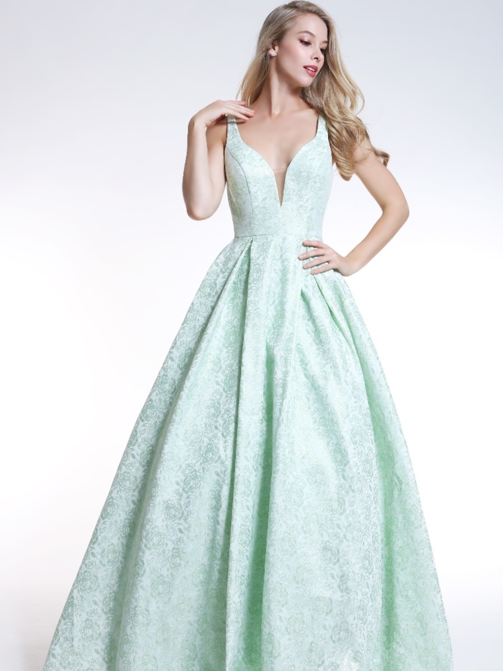 AVA PRESLEY GREEN BROCADE BALLGOWN SIZE 16